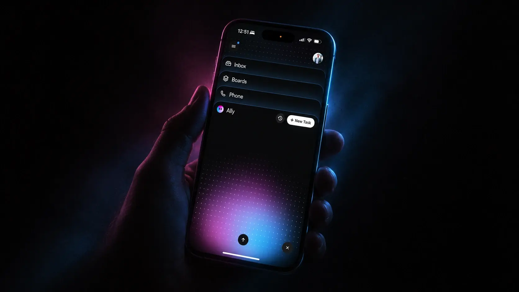 Ally open on an iPhone, next to Inbox, Boards and Phone
